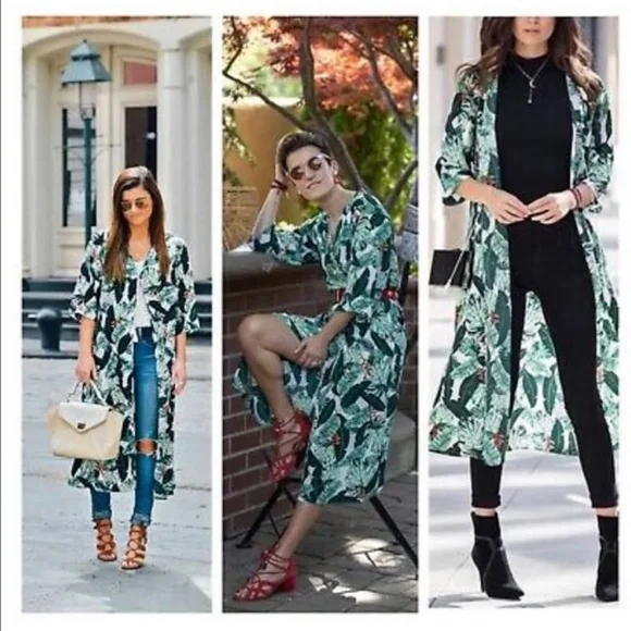 Rachel Zoe NWT Tropical Banana Leaf Pattern Open Front Semi Sheer Duster Kimono - Picture 5 of 16